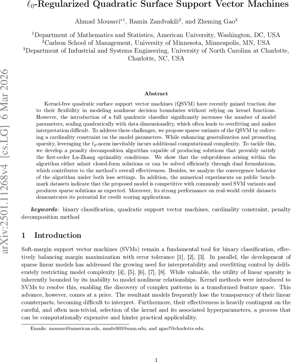L0-Regularized Quadratic Surface Support Vector Machines