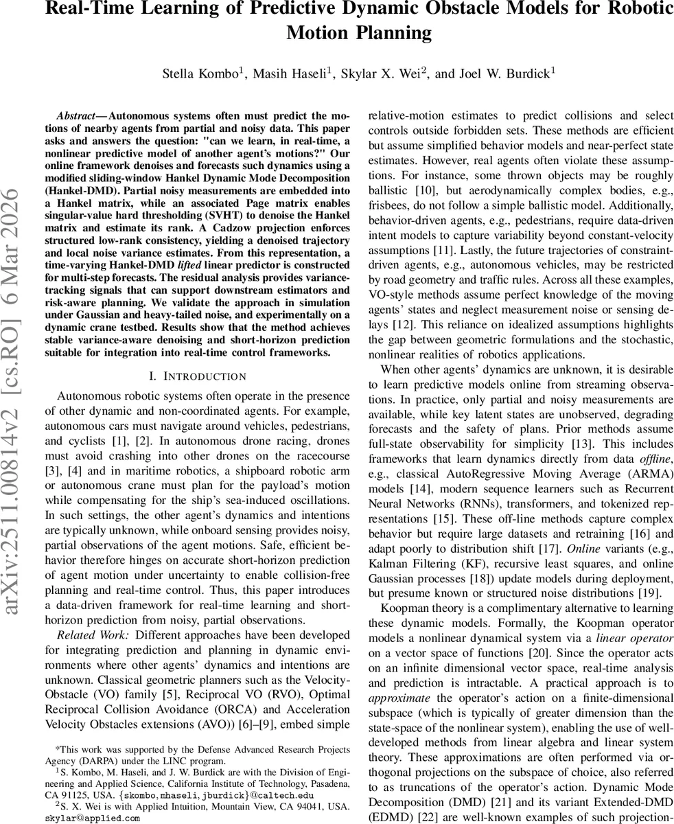 Real-Time Learning of Predictive Dynamic Obstacle Models for Robotic Motion Planning