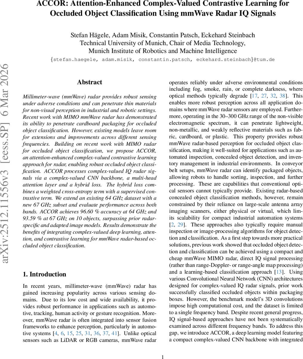 ACCOR: Attention-Enhanced Complex-Valued Contrastive Learning for Occluded Object Classification Using mmWave Radar IQ Signals
