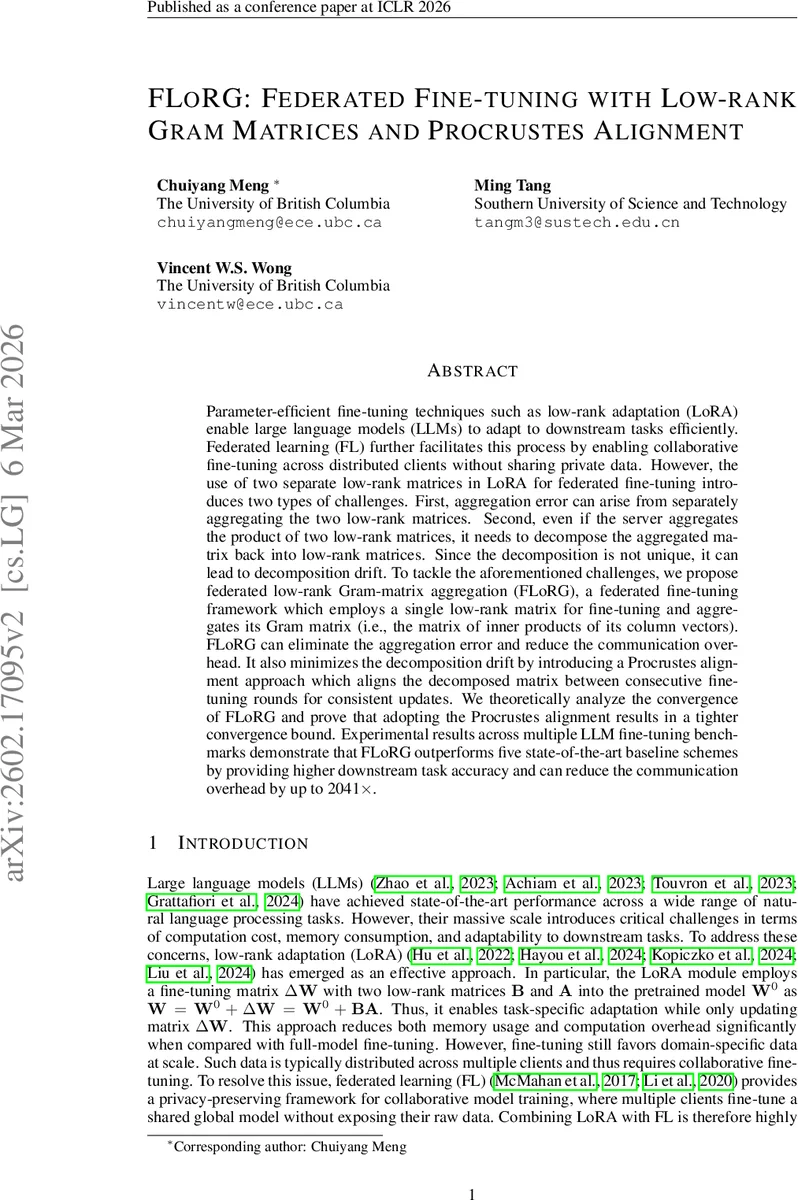 FLoRG: Federated Fine-tuning with Low-rank Gram Matrices and Procrustes Alignment