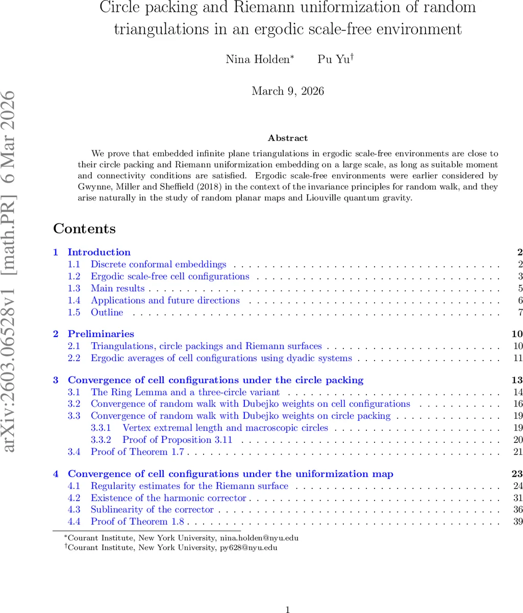 Circle packing and Riemann uniformization of random triangulations in an ergodic scale-free environment