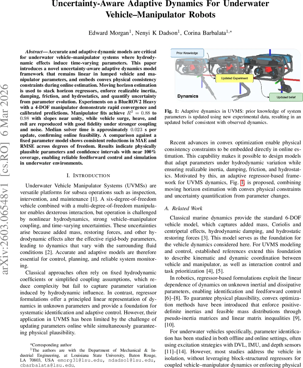 Uncertainty-Aware Adaptive Dynamics For Underwater Vehicle-Manipulator Robots