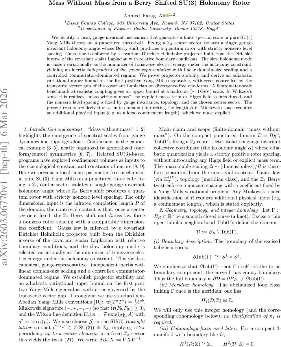 Mass Without Mass from a Berry--Shifted SU(3) Holonomy Rotor