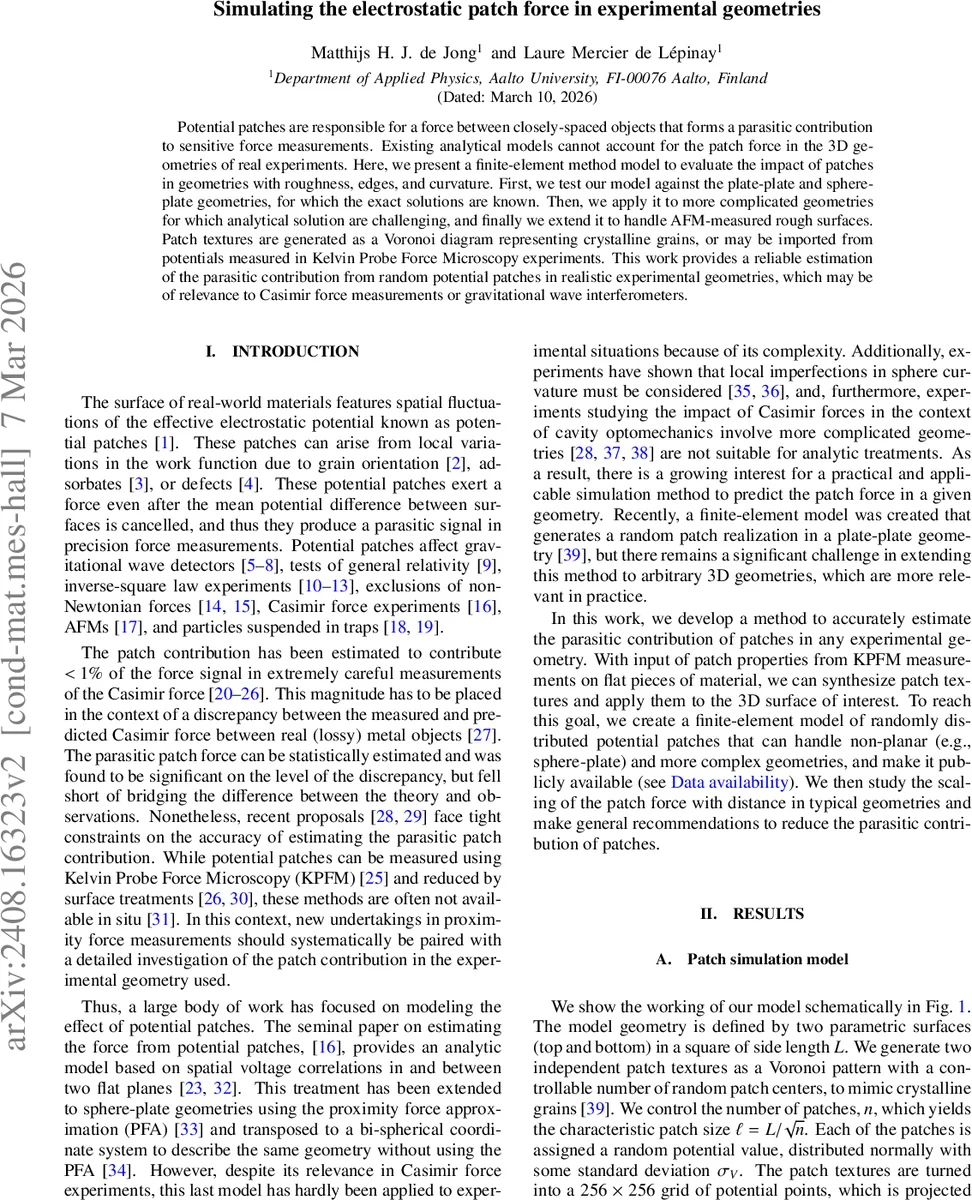 Simulating the electrostatic patch force in experimental geometries