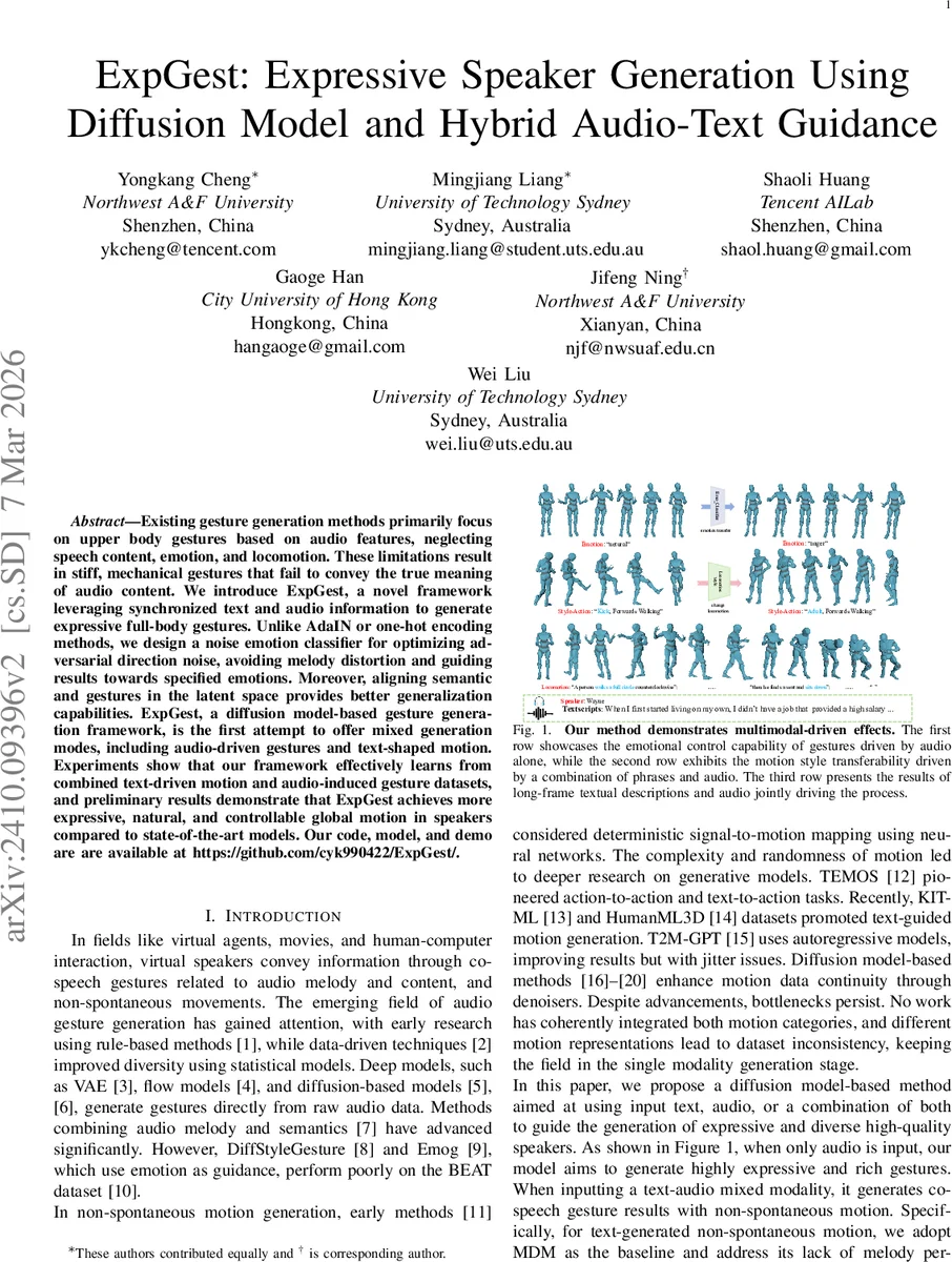 ExpGest: Expressive Speaker Generation Using Diffusion Model and Hybrid Audio-Text Guidance