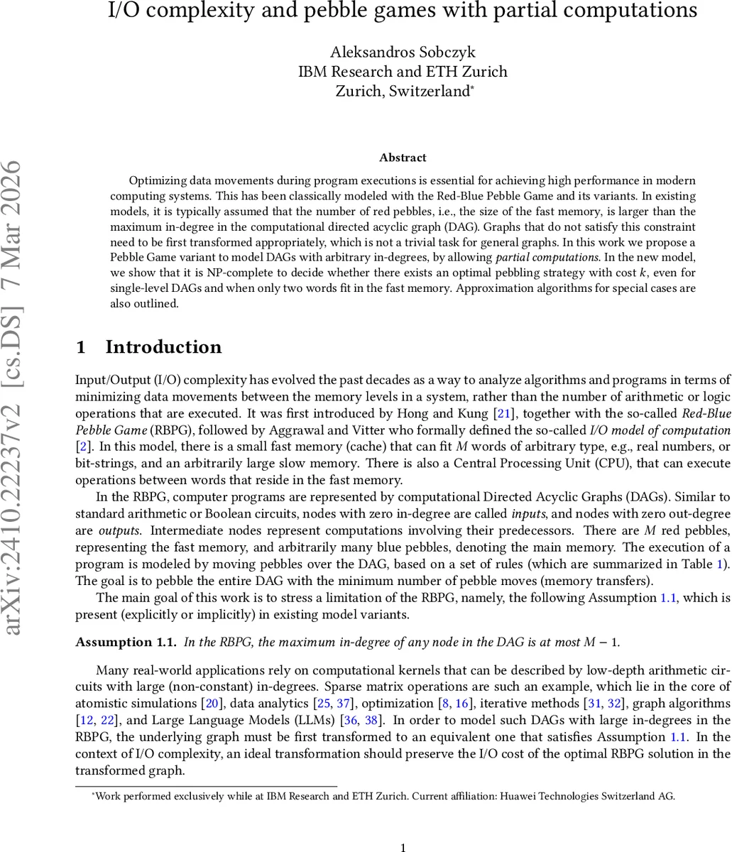 I/O complexity and pebble games with partial computations