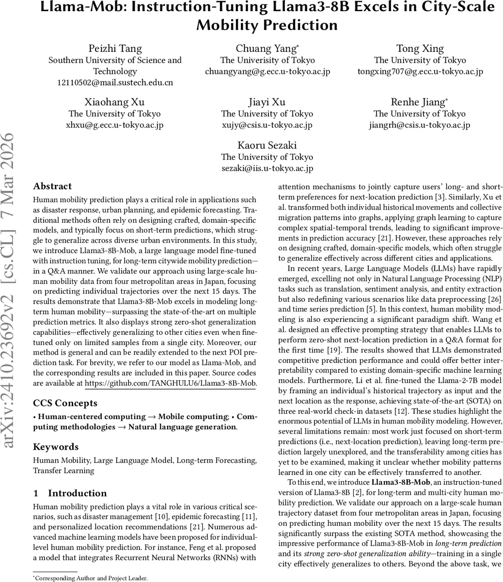Llama-Mob: Instruction-Tuning Llama-3-8B Excels in City-Scale Mobility Prediction