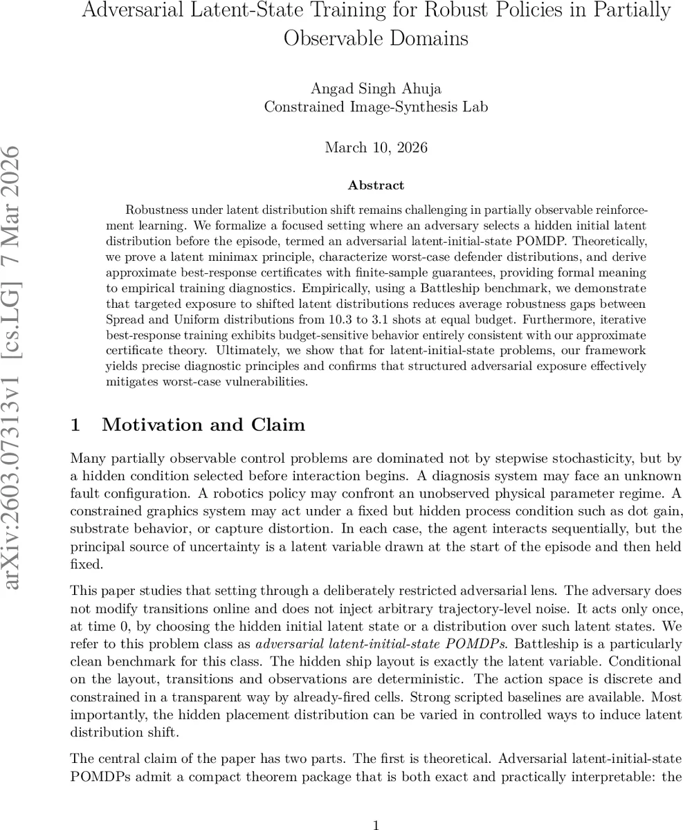 Adversarial Latent-State Training for Robust Policies in Partially Observable Domains