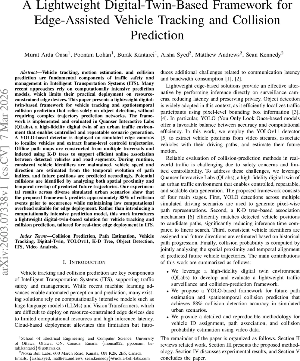 A Lightweight Digital-Twin-Based Framework for Edge-Assisted Vehicle Tracking and Collision Prediction