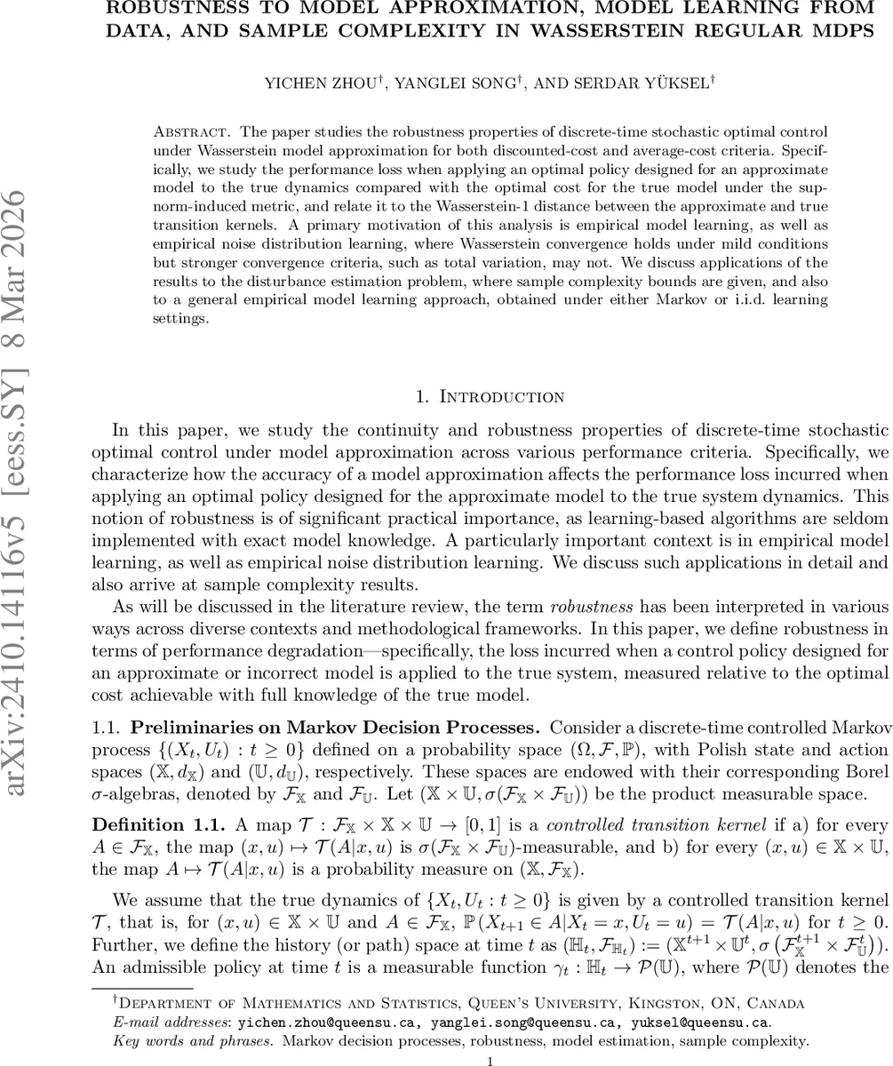 Robustness to Model Approximation, Model Learning From Data, and Sample Complexity in Wasserstein Regular MDPs