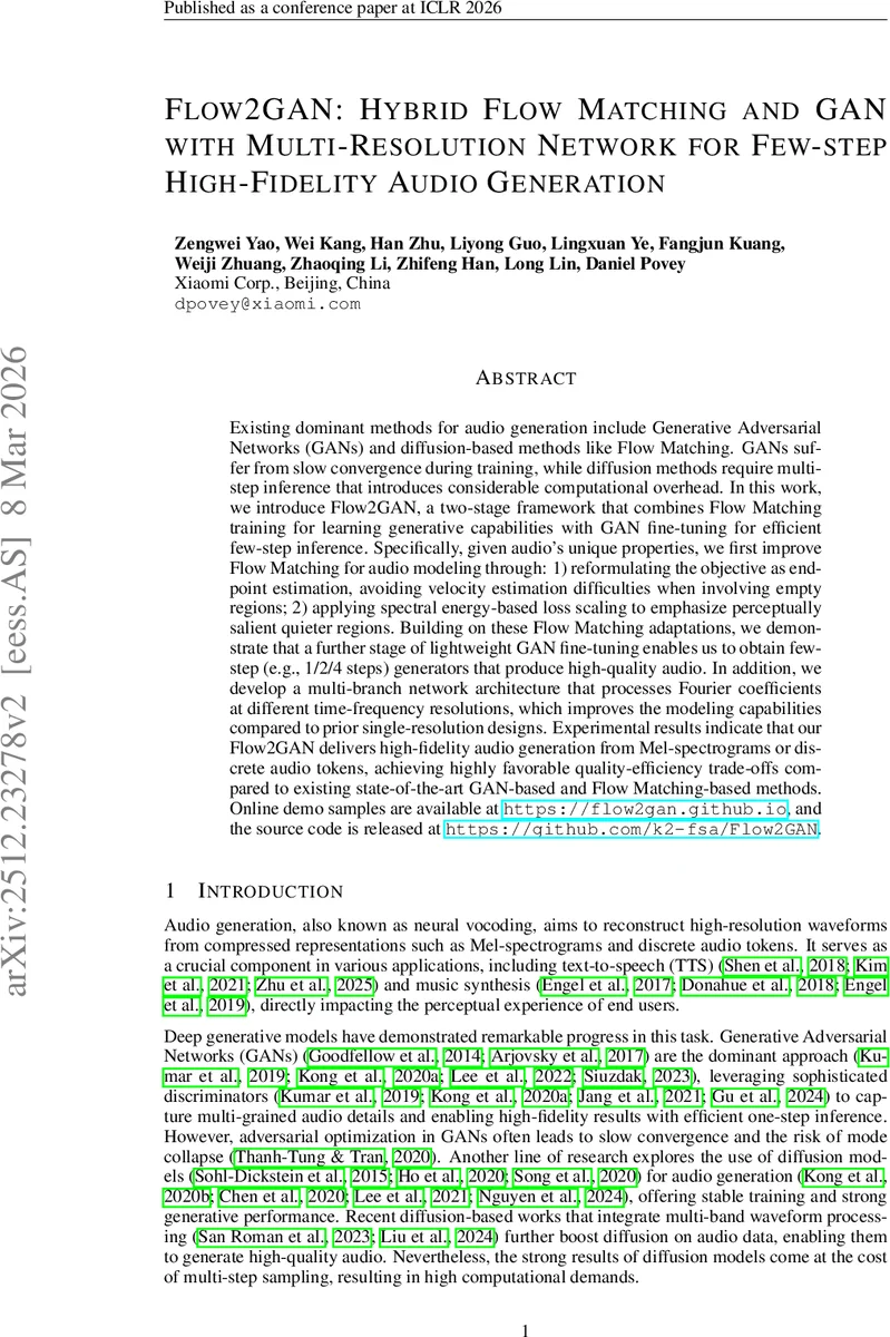 Flow2GAN: Hybrid Flow Matching and GAN with Multi-Resolution Network for Few-step High-Fidelity Audio Generation