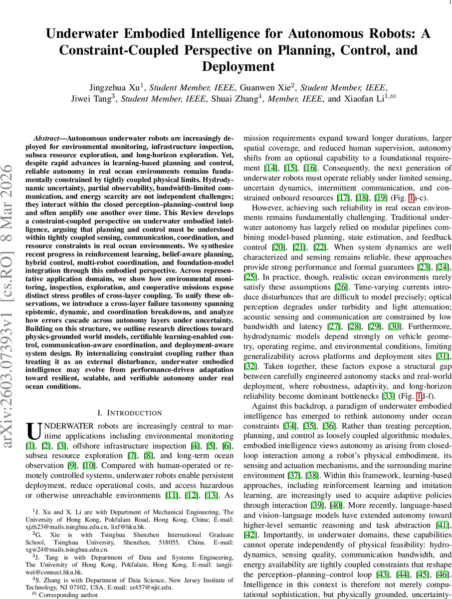 Underwater Embodied Intelligence for Autonomous Robots: A Constraint-Coupled Perspective on Planning, Control, and Deployment