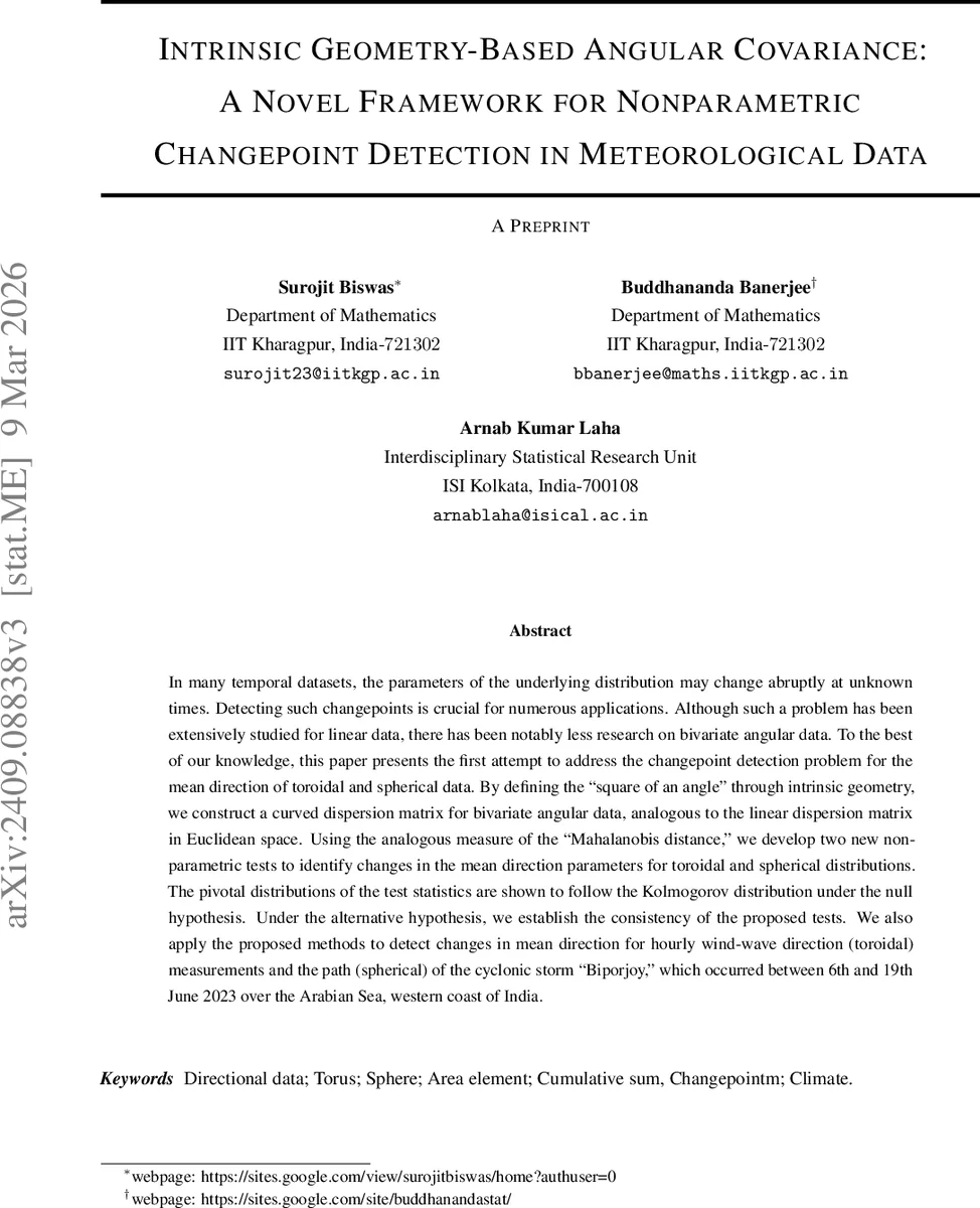 Intrinsic Geometry-Based Angular Covariance: A Novel Framework for Nonparametric Changepoint Detection in Meteorological Data