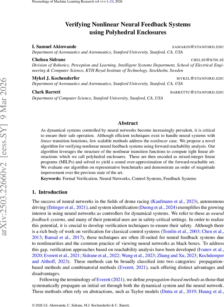 Verifying Nonlinear Neural Feedback Systems using Polyhedral Enclosures