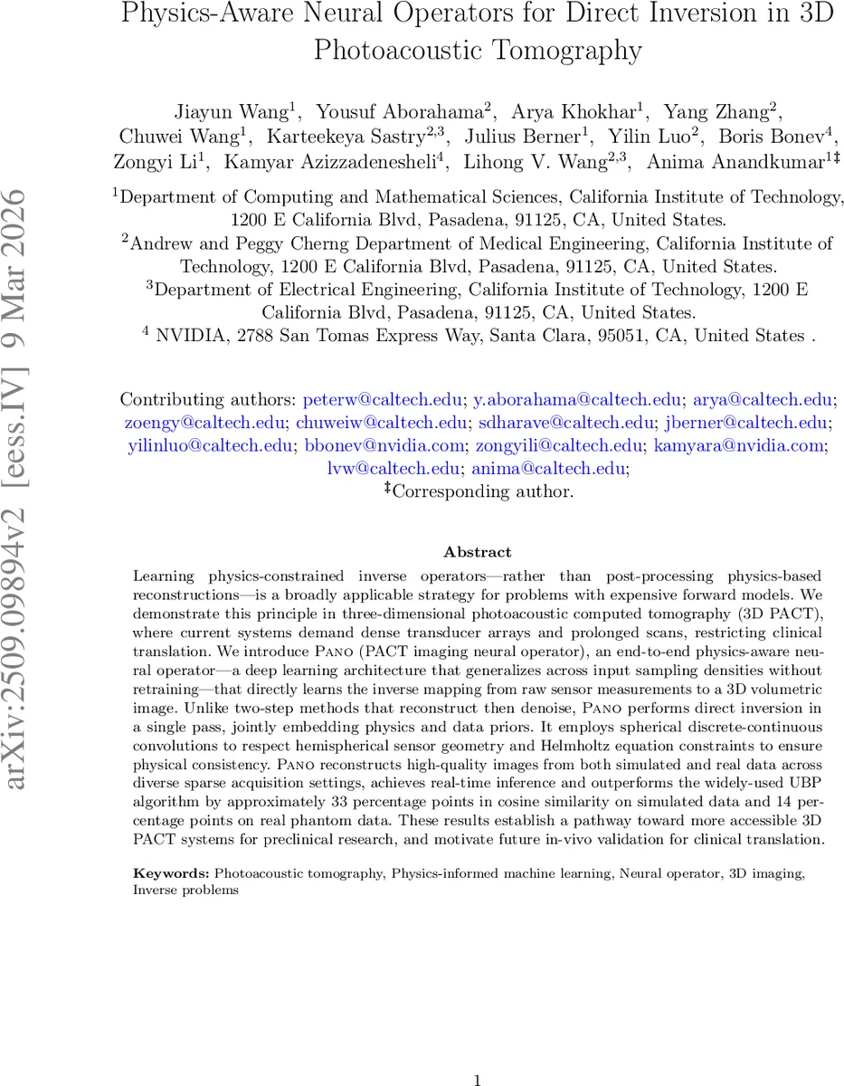 Physics-Aware Neural Operators for Direct Inversion in 3D Photoacoustic Tomography