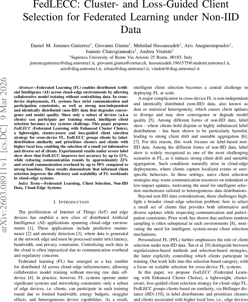 FedLECC: Cluster- and Loss-Guided Client Selection for Federated Learning under Non-IID Data