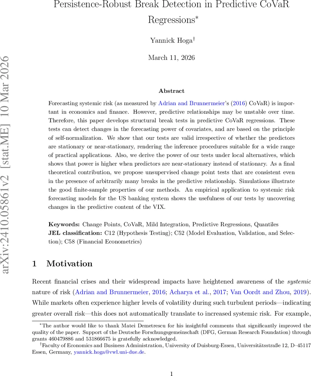 Persistence-Robust Break Detection in Predictive CoVaR Regressions