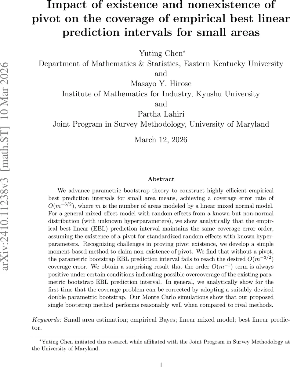 Impact of existence and nonexistence of pivot on the coverage of empirical best linear prediction intervals for small areas