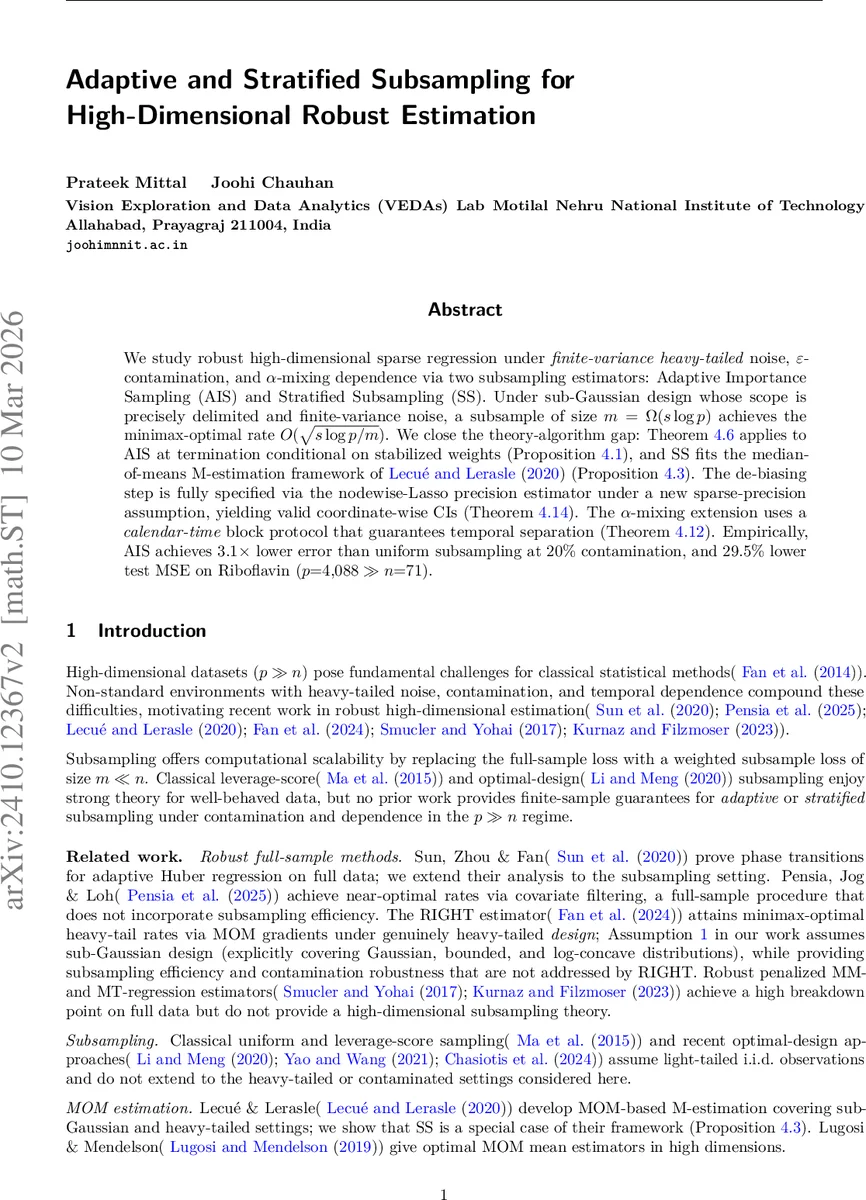 Adaptive and Stratified Subsampling for High-Dimensional Robust Estimation