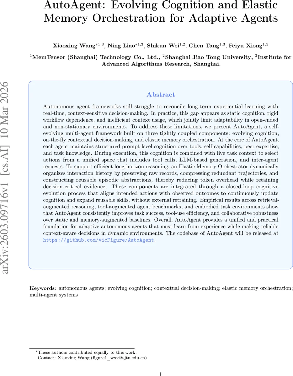 AutoAgent: Evolving Cognition and Elastic Memory Orchestration for Adaptive Agents