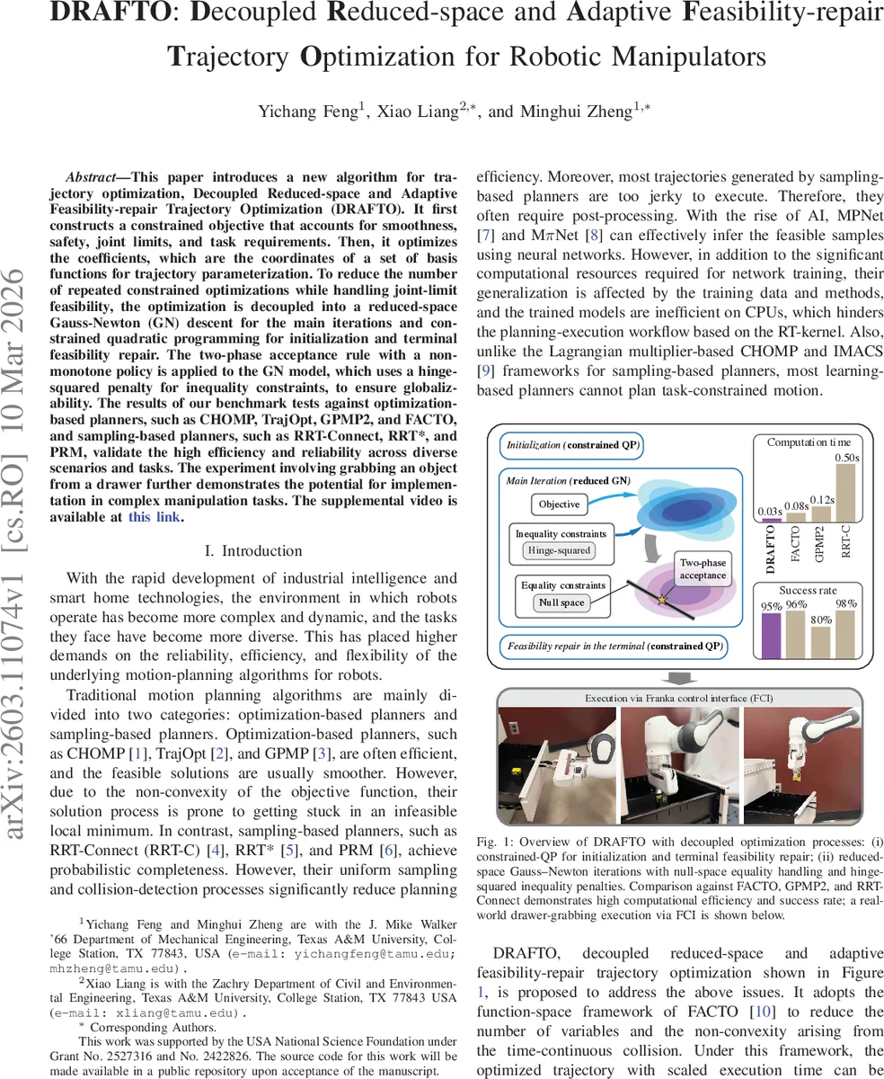 DRAFTO: Decoupled Reduced-space and Adaptive Feasibility-repair Trajectory Optimization for Robotic Manipulators