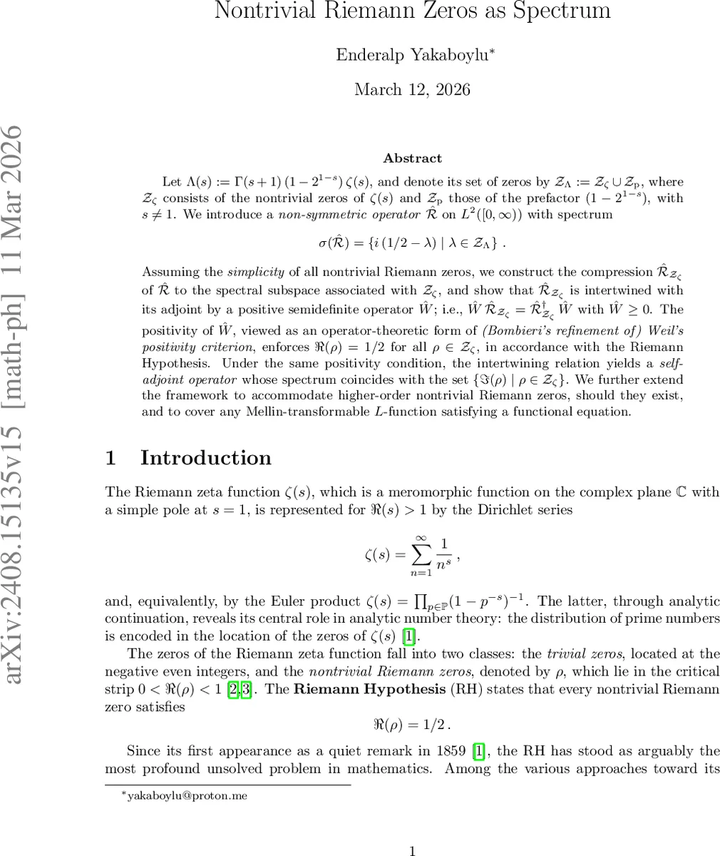 Nontrivial Riemann Zeros as Spectrum