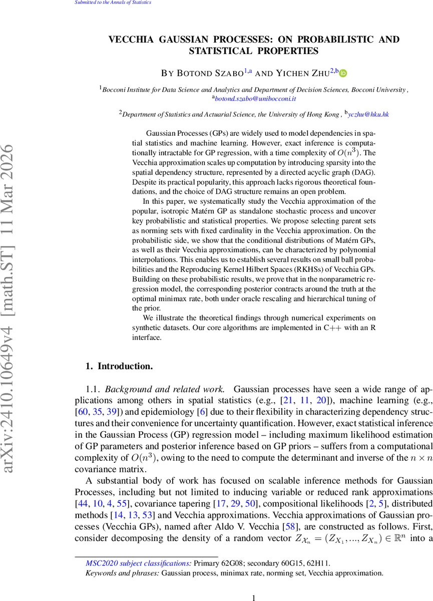 Vecchia Gaussian Processes: on probabilistic and statistical properties