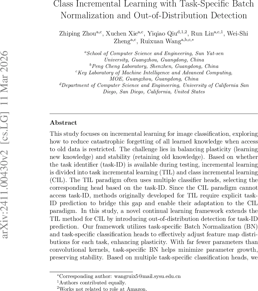 Class Incremental Learning with Task-Specific Batch Normalization and Out-of-Distribution Detection