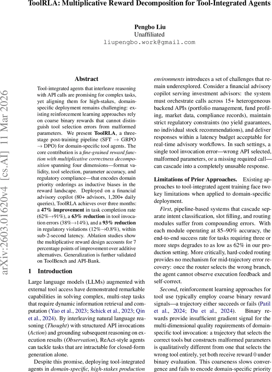 ToolRLA: Multiplicative Reward Decomposition for Tool-Integrated Agents