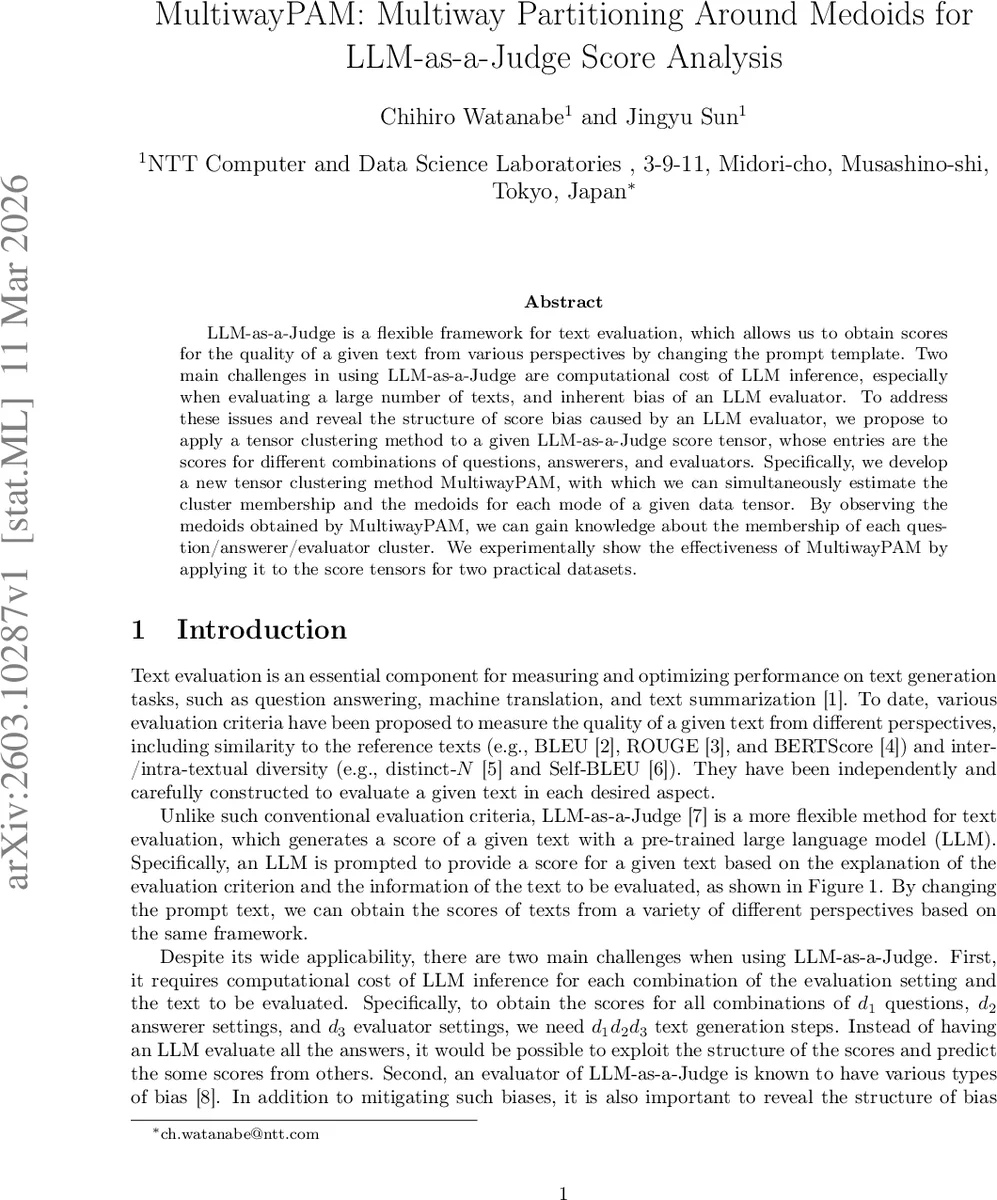 MultiwayPAM: Multiway Partitioning Around Medoids for LLM-as-a-Judge Score Analysis