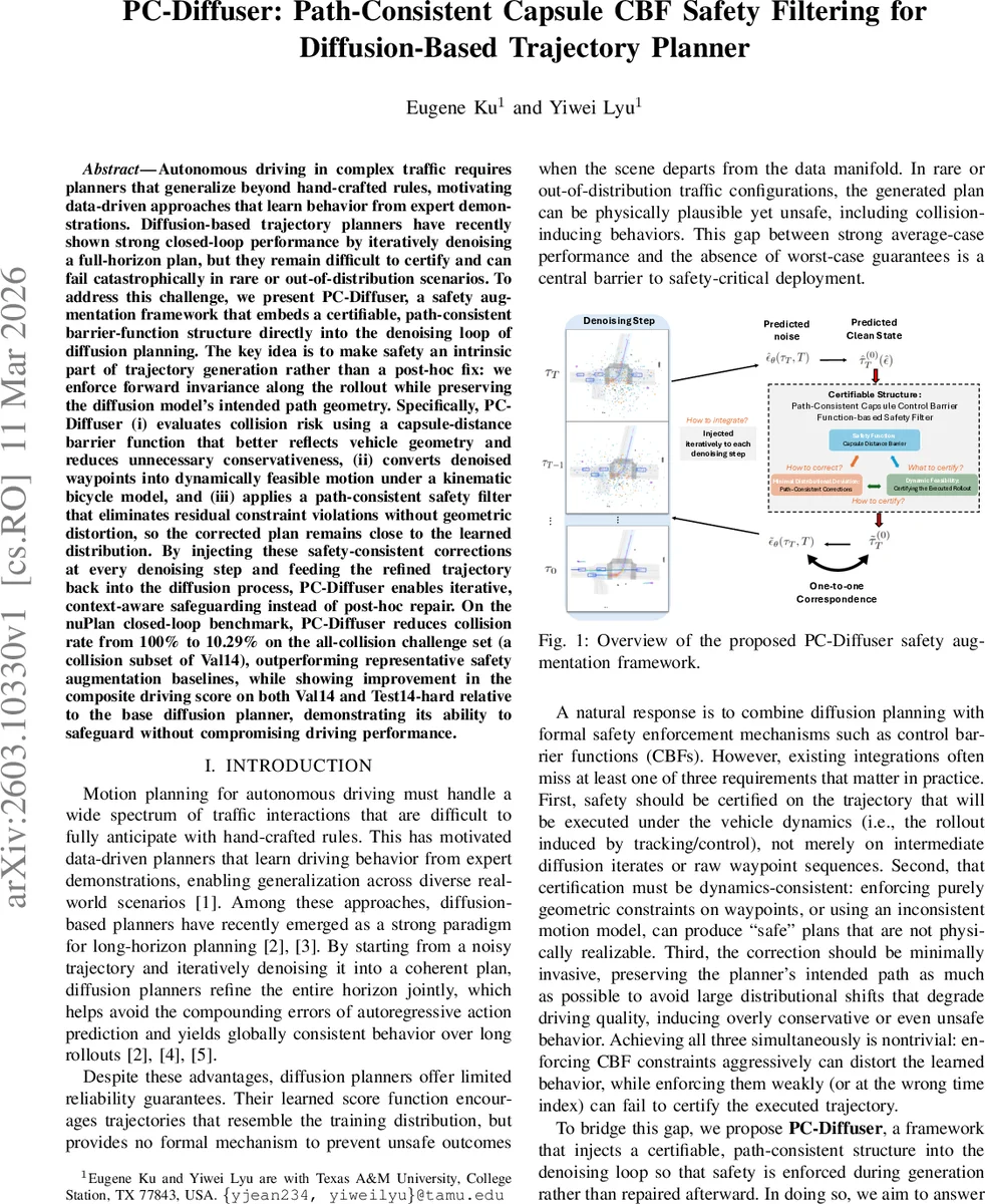 PC-Diffuser: Path-Consistent Capsule CBF Safety Filtering for Diffusion-Based Trajectory Planner