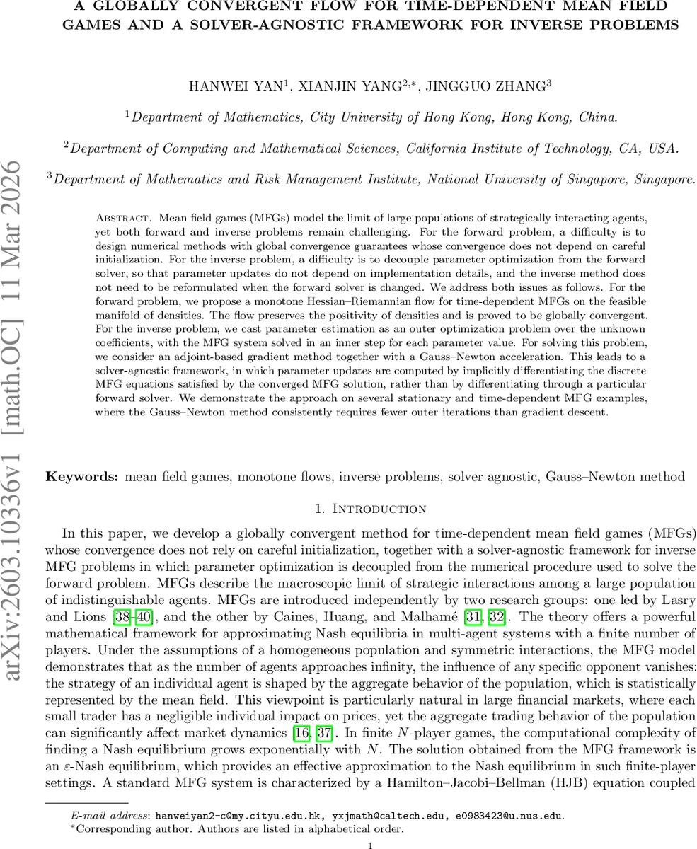 A Globally Convergent Flow for Time-Dependent Mean Field Games and a Solver-Agnostic Framework for Inverse Problems