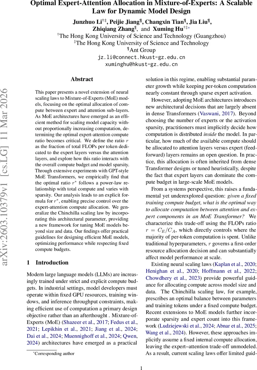 Optimal Expert-Attention Allocation in Mixture-of-Experts: A Scalable Law for Dynamic Model Design