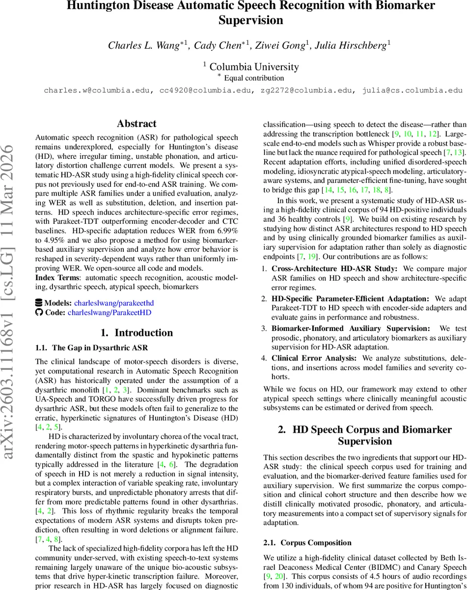Huntington Disease Automatic Speech Recognition with Biomarker Supervision
