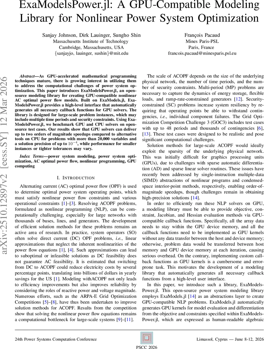ExaModelsPower.jl: A GPU-Compatible Modeling Library for Nonlinear Power System Optimization