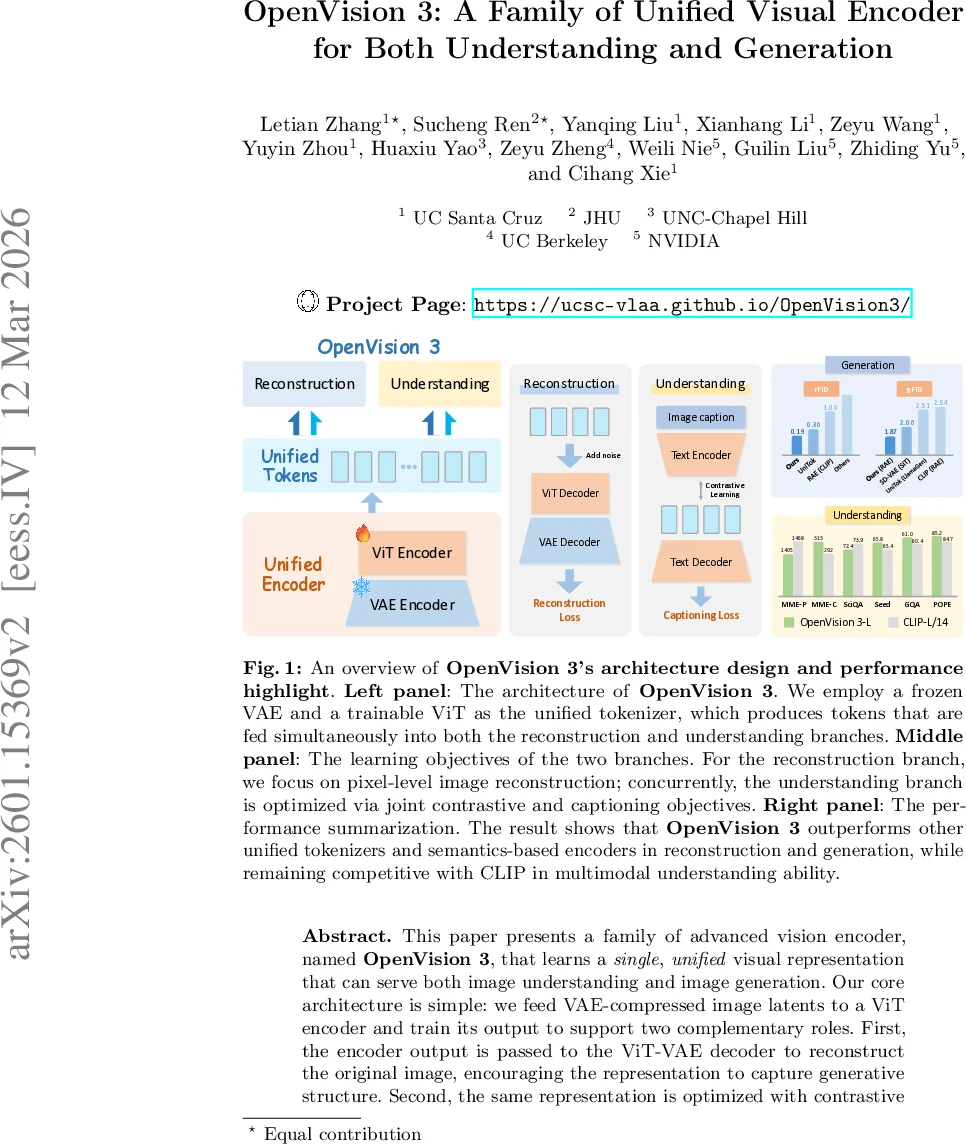 OpenVision 3: A Family of Unified Visual Encoder for Both Understanding and Generation