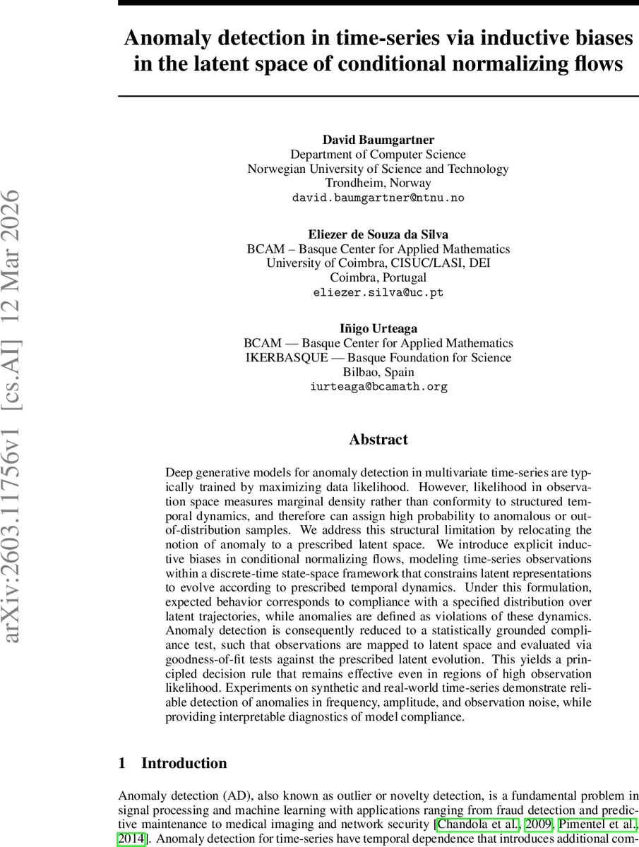 Anomaly detection in time-series via inductive biases in the latent space of conditional normalizing flows