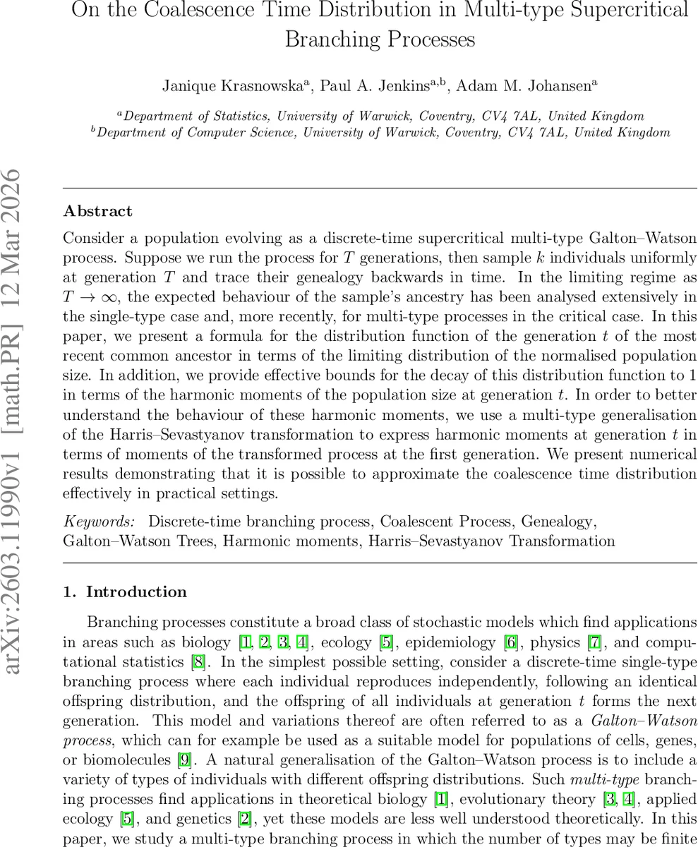 On the Coalescence Time Distribution in Multi-type Supercritical Branching Processes