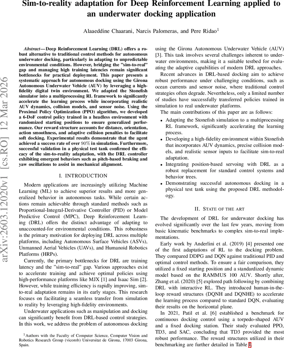 Sim-to-reality adaptation for Deep Reinforcement Learning applied to an underwater docking application