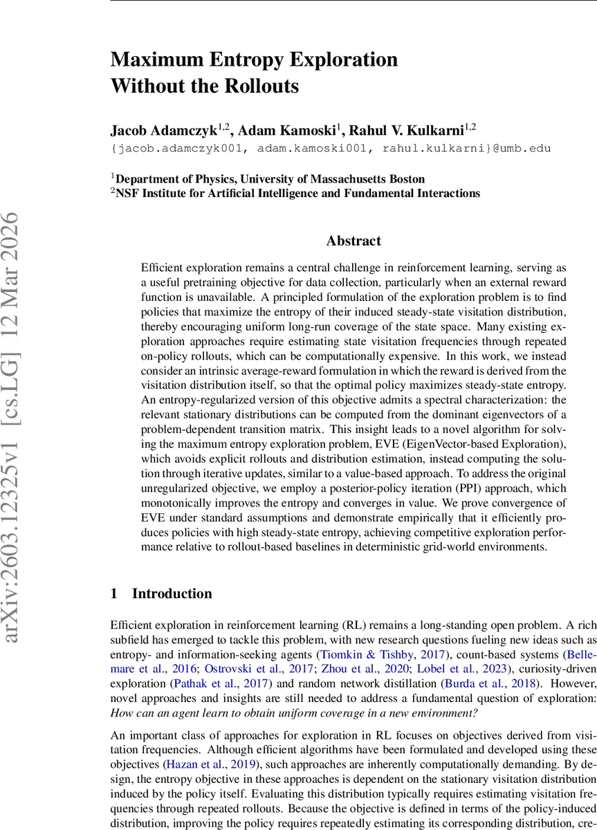 Maximum Entropy Exploration Without the Rollouts