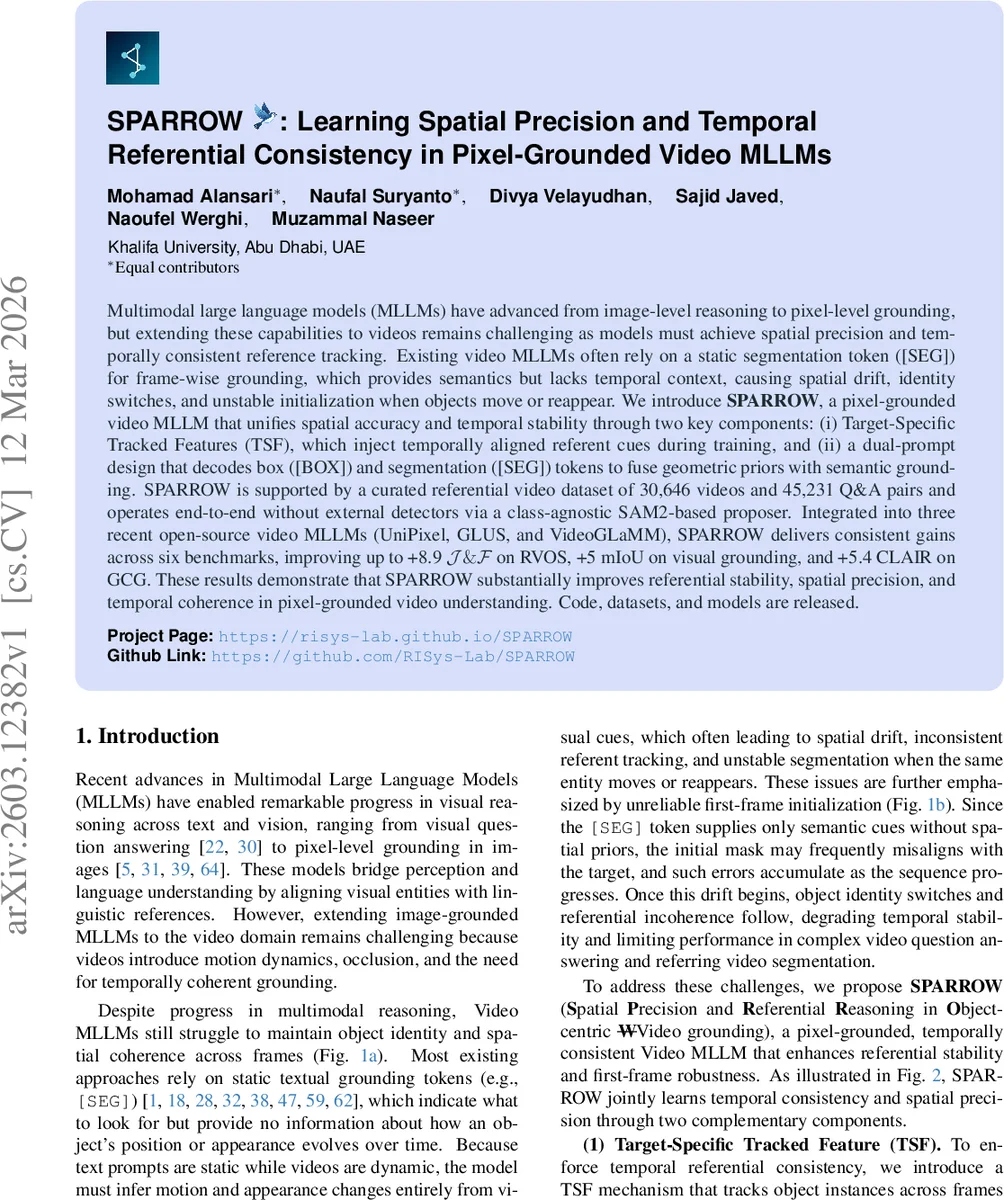 SPARROW: Learning Spatial Precision and Temporal Referential Consistency in Pixel-Grounded Video MLLMs