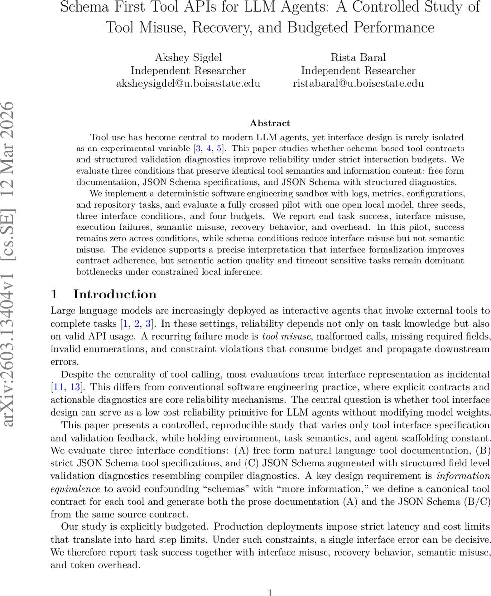 Schema First Tool APIs for LLM Agents: A Controlled Study of Tool Misuse, Recovery, and Budgeted Performance