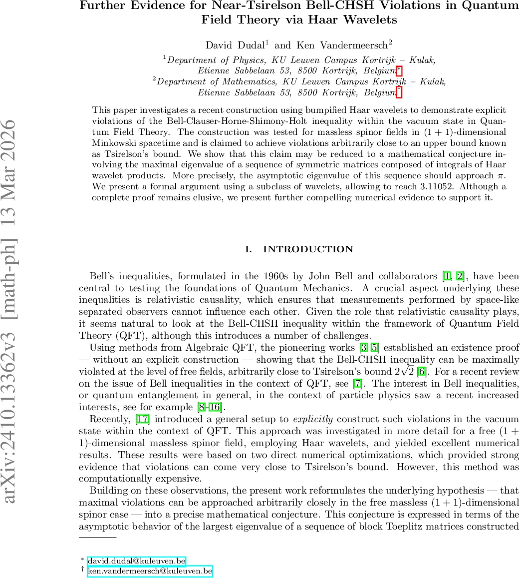 Further Evidence for Near-Tsirelson Bell-CHSH Violations in Quantum Field Theory via Haar Wavelets