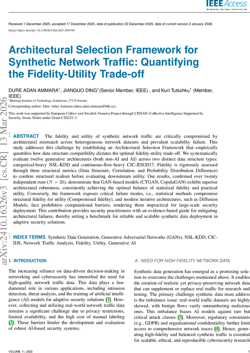 Architectural Selection Framework for Synthetic Network Traffic: Quantifying the Fidelity-Utility Trade-off