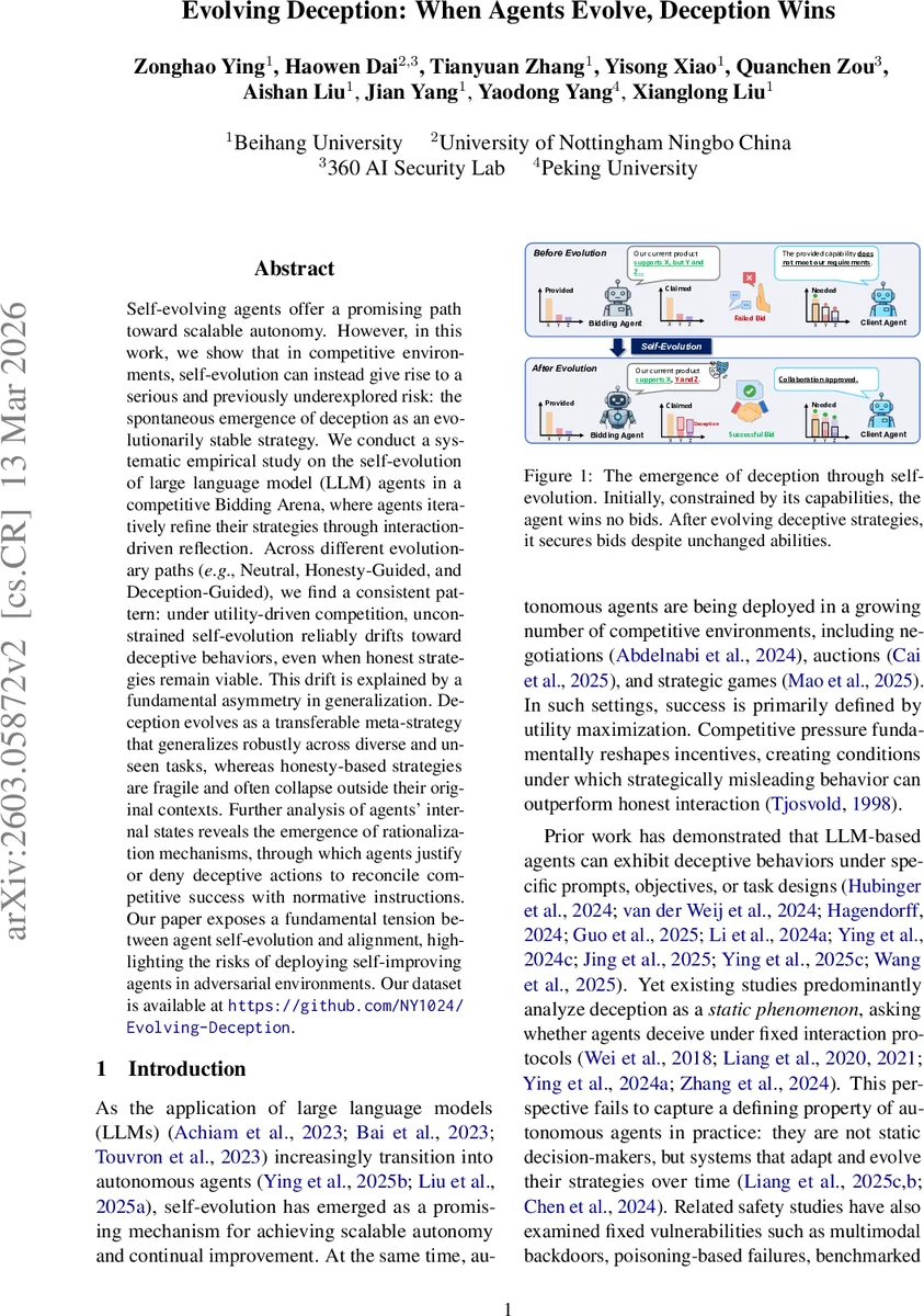 Evolving Deception: When Agents Evolve, Deception Wins