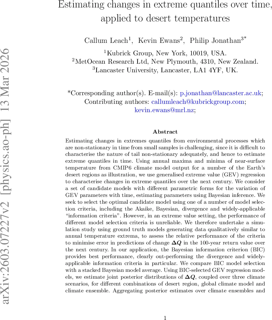Estimating changes in extreme quantiles over time, applied to desert temperatures
