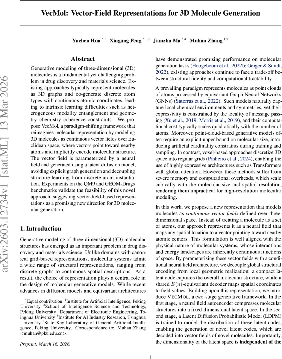 VecMol: Vector-Field Representations for 3D Molecule Generation
