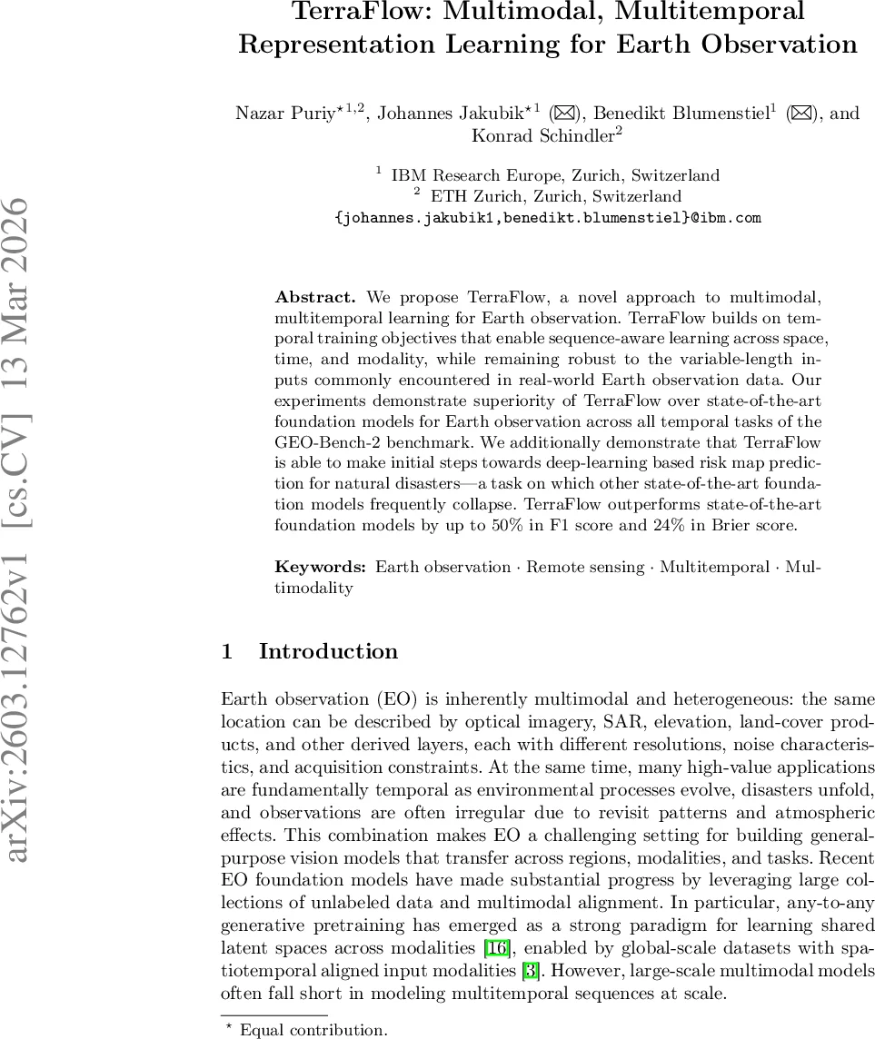 TerraFlow: Multimodal, Multitemporal Representation Learning for Earth Observation