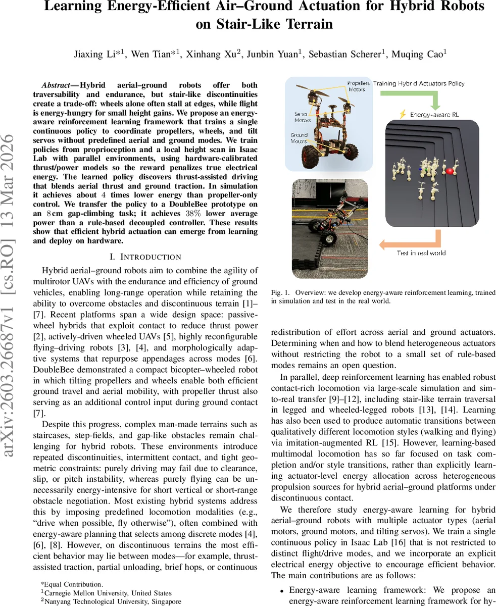 Learning Energy-Efficient Air--Ground Actuation for Hybrid Robots on Stair-Like Terrain