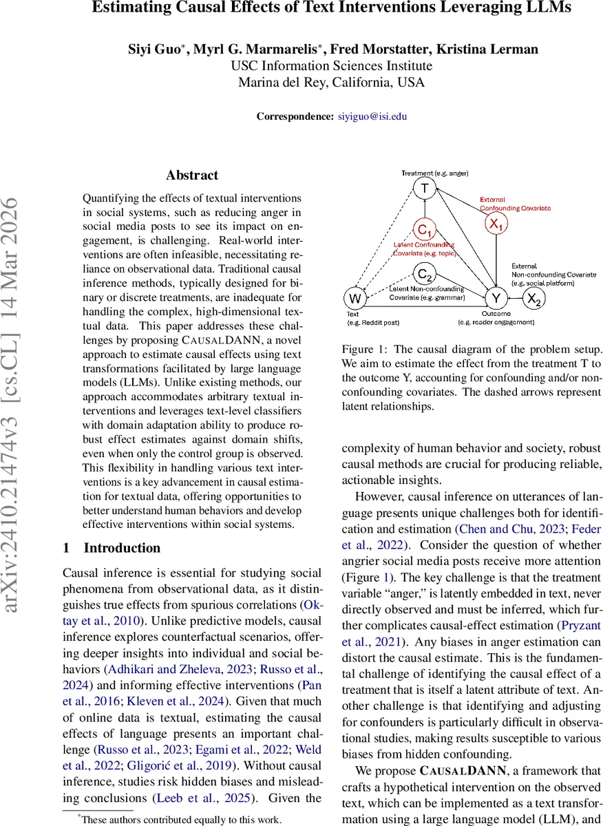 Estimating Causal Effects of Text Interventions Leveraging LLMs